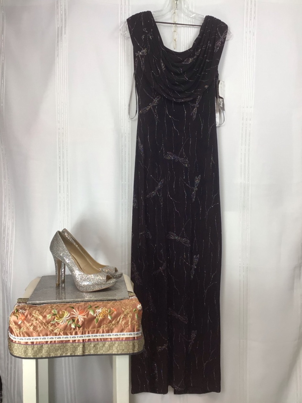 Vintage Night Way Collection Plum Sparkling Dragonfly Stretch Gown Maxi Sz.4